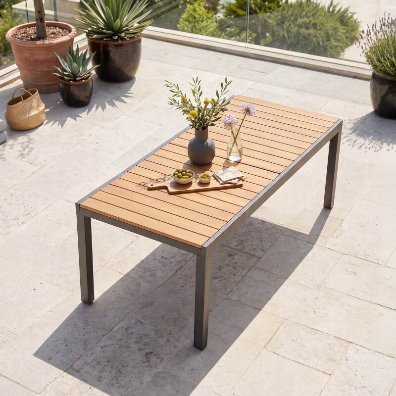 Ausziehbarer Gartentisch Holzoptik aus Aluminium und Polywood 8 bis 14 Personen 200/300x94,5 cm (2/7)