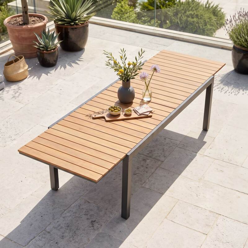 Ausziehbarer Gartentisch Holzoptik aus Aluminium und Polywood 8 bis 14 Personen 200/300x94,5 cm