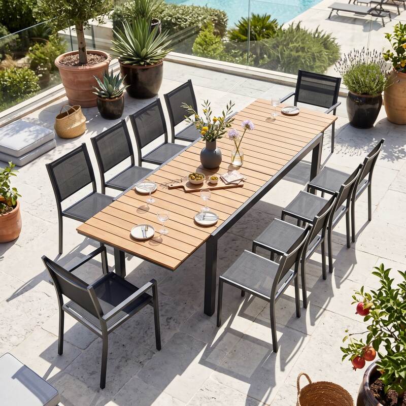 Ausziehbarer Gartentisch Holzoptik aus Aluminium und Polywood 8 bis 14 Personen 200/300x94,5 cm (6/7)
