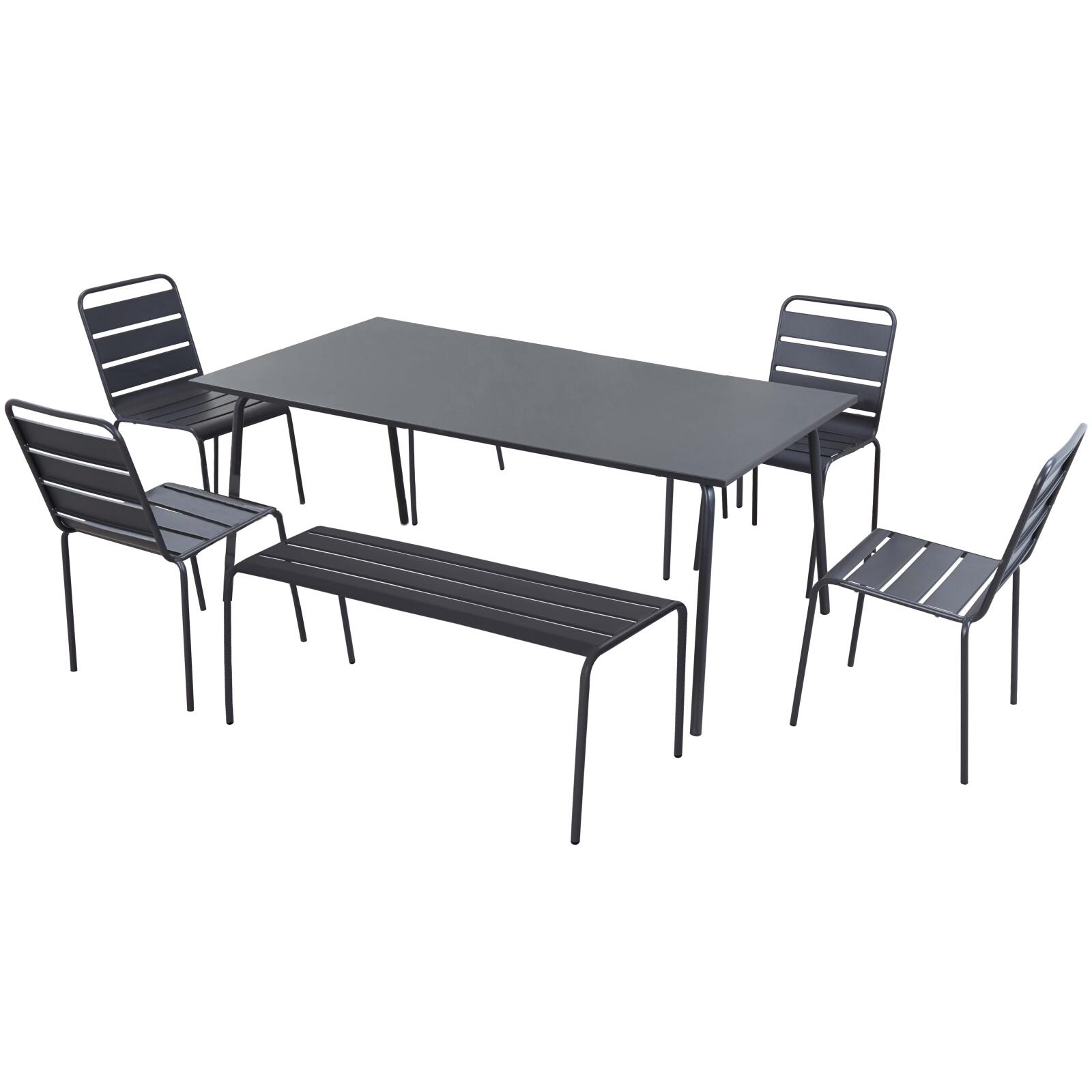 Rechteckiger Gartentisch 180 x 90 cm mit 4 Stühlen und 2 Bänken aus Metall 