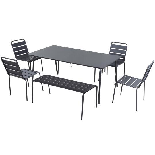 Rechteckiger Gartentisch 180 x 90 cm mit 4 Stühlen und 2 Bänken aus Metall