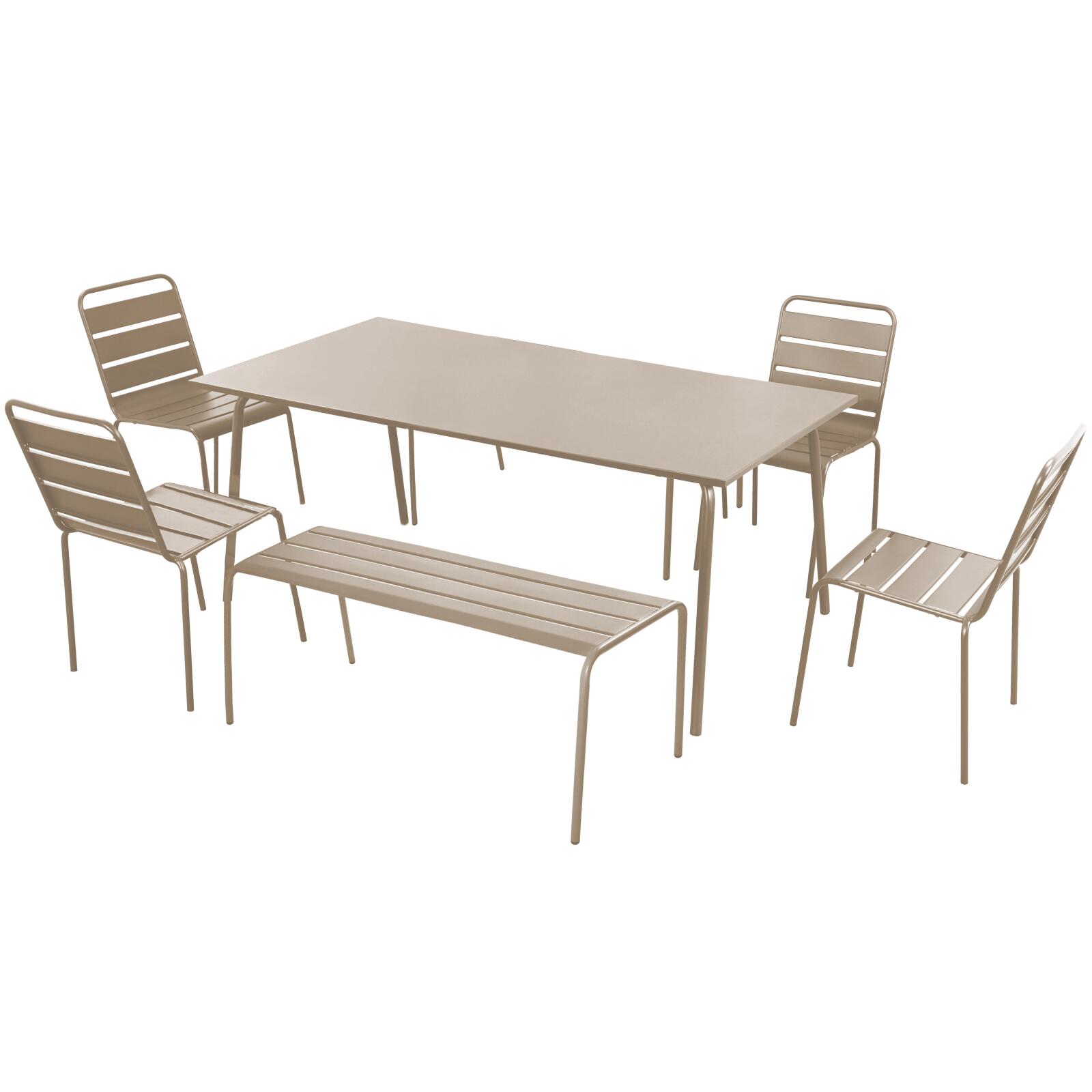 Rechteckiger Gartentisch 180 x 90 cm mit 4 Stühlen und 2 Bänken aus Metall 