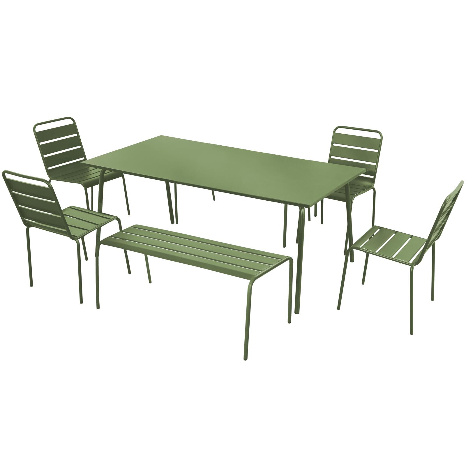 Rechteckiger Gartentisch 180 x 90 cm mit 4 Stühlen und 2 Bänken aus Metall 