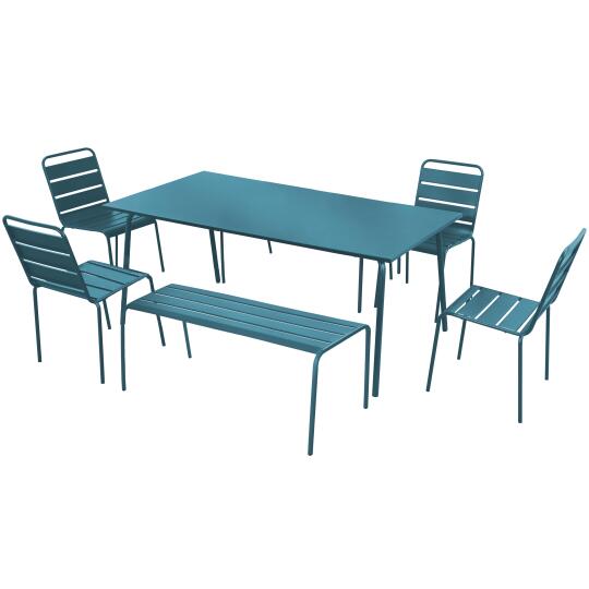 Rechteckiger Gartentisch 180 x 90 cm mit 4 Stühlen und 2 Bänken aus Metall
