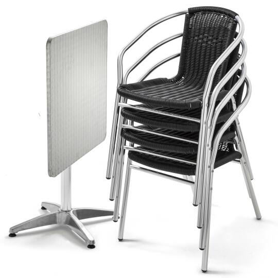 Klappbarer Bistrot-Gartentisch 70 x 70 cm und 4 Stühle mit Armlehnen aus Aluminium und Harz