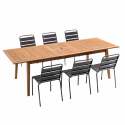 Rechteckiger FSC®-zertifizierter Holzgarten-Tisch mit Erweiterungsmöglichkeit und 6 Metallstühlen 