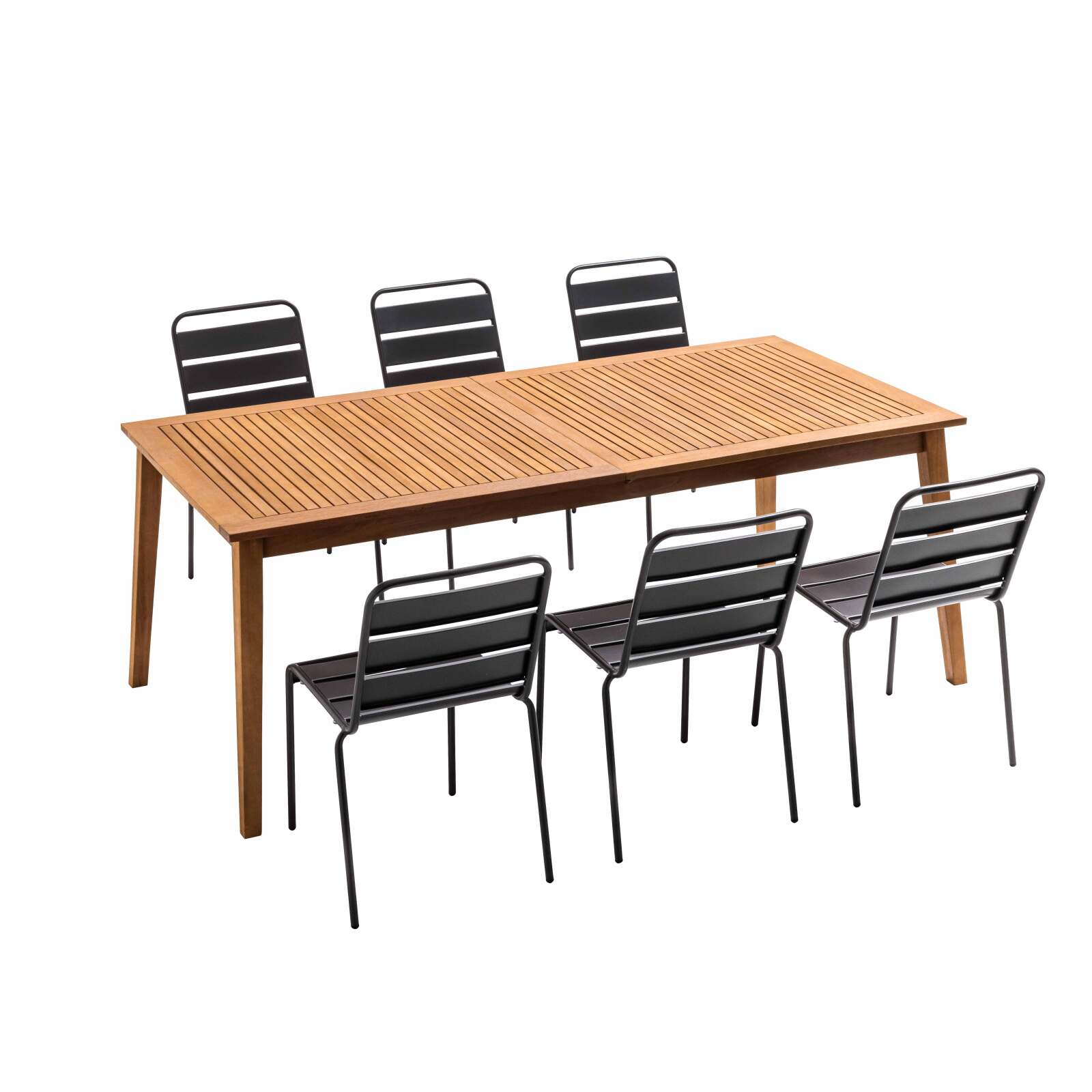 Rechteckiger FSC®-zertifizierter Holzgarten-Tisch mit Erweiterungsmöglichkeit und 6 Metallstühlen 
