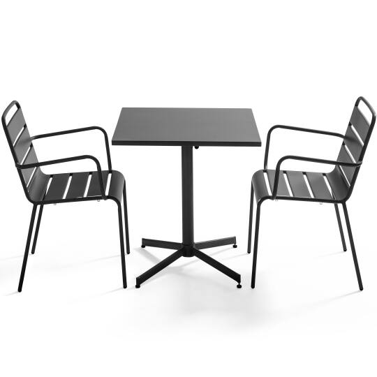 Klappbarer Bistrot-Gartentisch, quadratisch, 70 x 70 cm, aus Metall und 2 Stühle mit Armlehnen