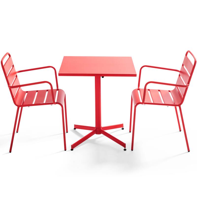 Klappbarer Bistrot-Gartentisch, quadratisch, 70 x 70 cm, aus Metall und 2 Stühle mit Armlehnen