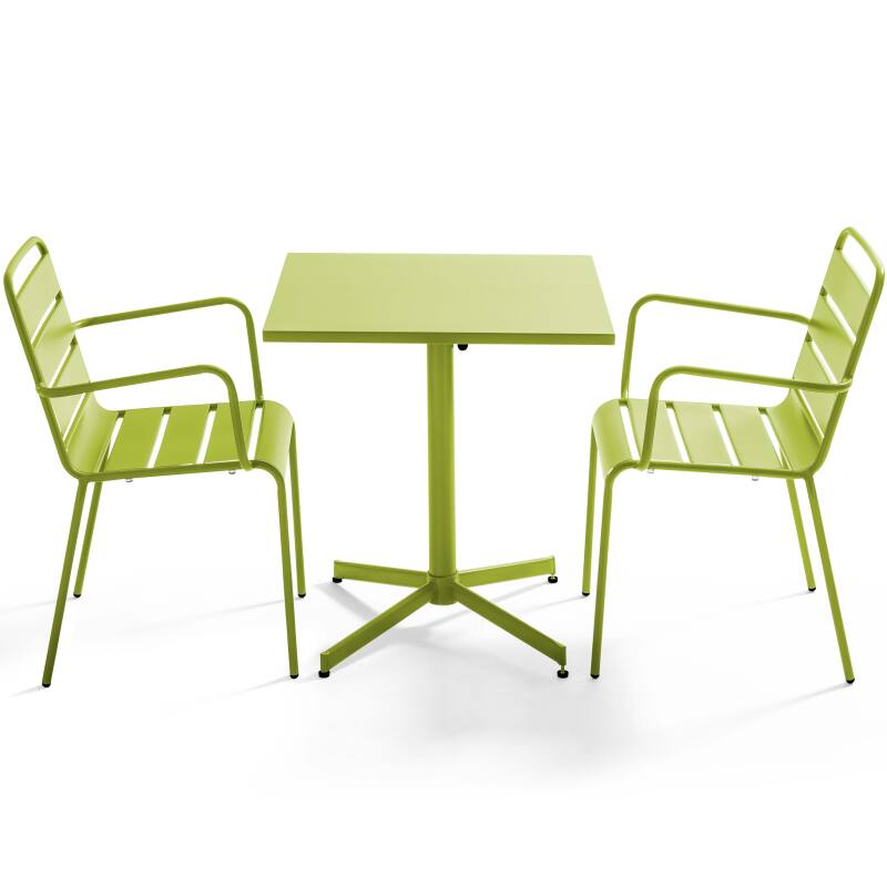 Klappbarer Bistrot-Gartentisch, quadratisch, 70 x 70 cm, aus Metall und 2 Stühle mit Armlehnen