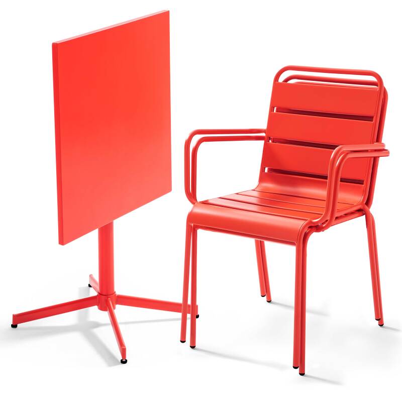 Klappbarer Bistrot-Gartentisch, quadratisch, 70 x 70 cm, aus Metall und 2 Stühle mit Armlehnen