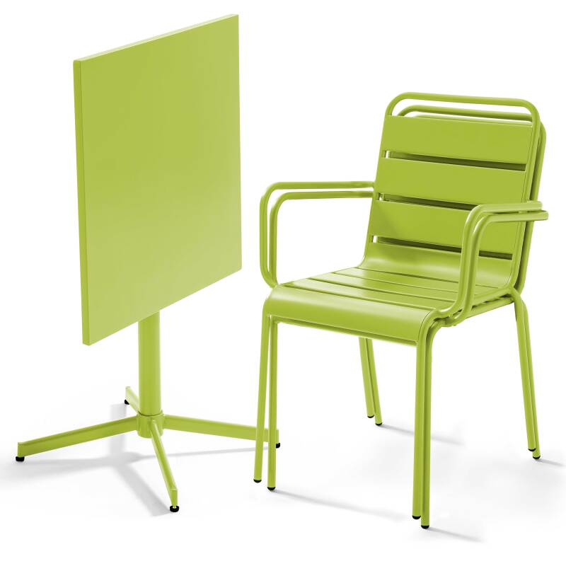 Klappbarer Bistrot-Gartentisch, quadratisch, 70 x 70 cm, aus Metall und 2 Stühle mit Armlehnen