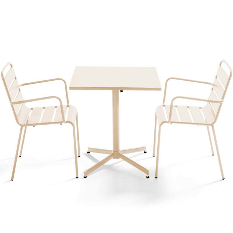 Klappbarer Bistrot-Gartentisch, quadratisch, 70 x 70 cm, aus Metall und 2 Stühle mit Armlehnen