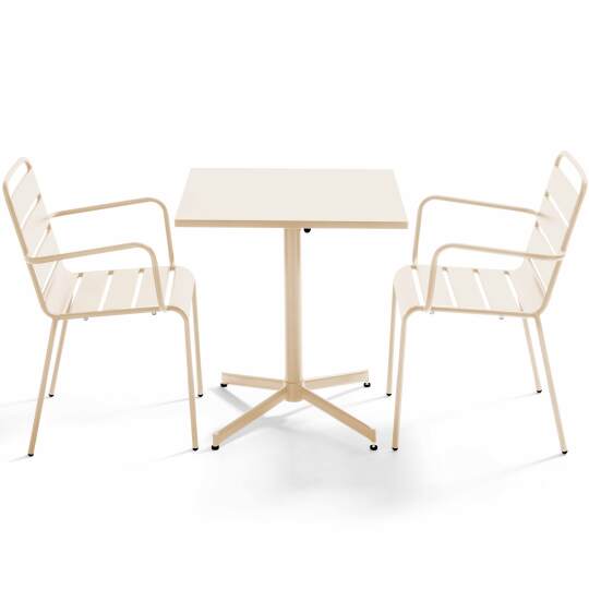 Gartentisch im Bistro-Stil, quadratisch, neigbar, aus Metall, 70x70 cm, und 2 Stühle mit Armlehnen | Oviala
