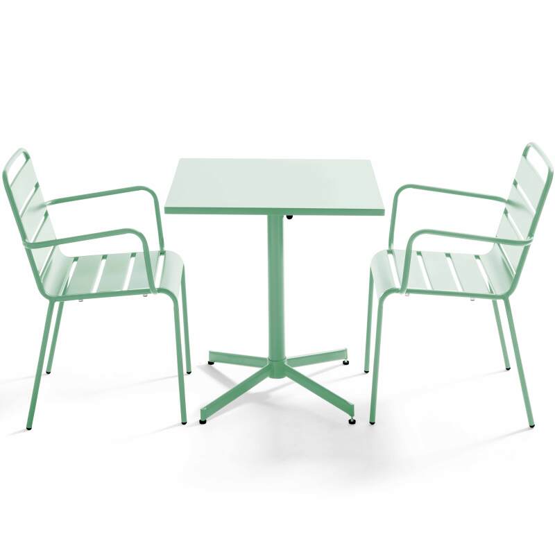 Klappbarer Bistrot-Gartentisch, quadratisch, 70 x 70 cm, aus Metall und 2 Stühle mit Armlehnen