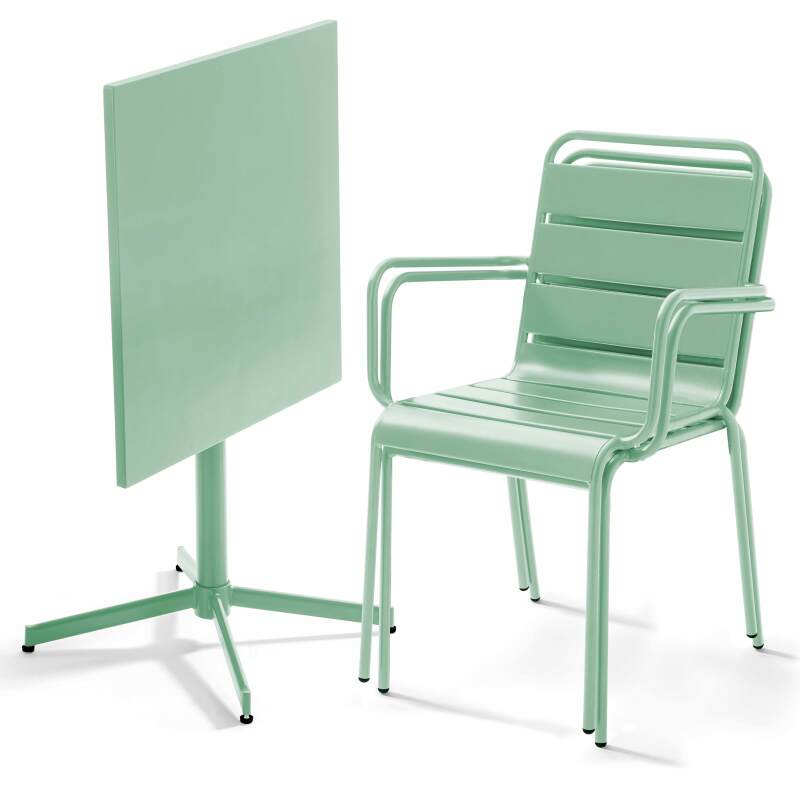 Klappbarer Bistrot-Gartentisch, quadratisch, 70 x 70 cm, aus Metall und 2 Stühle mit Armlehnen