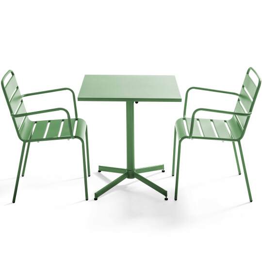 Gartentisch im Bistro-Stil, quadratisch, neigbar, aus Metall, 70x70 cm, und 2 Stühle mit Armlehnen | Oviala