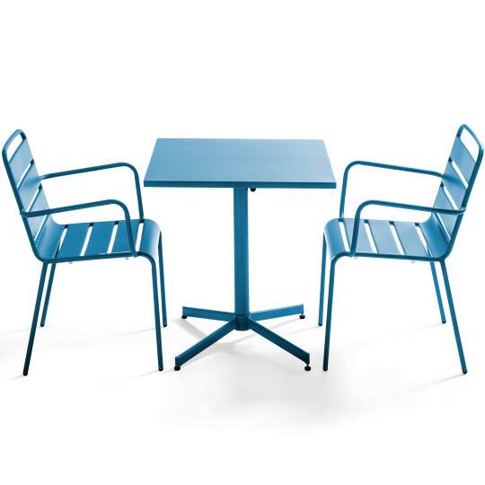 Klappbarer Bistrot-Gartentisch, quadratisch, 70 x 70 cm, aus Metall und 2 Stühle mit Armlehnen
