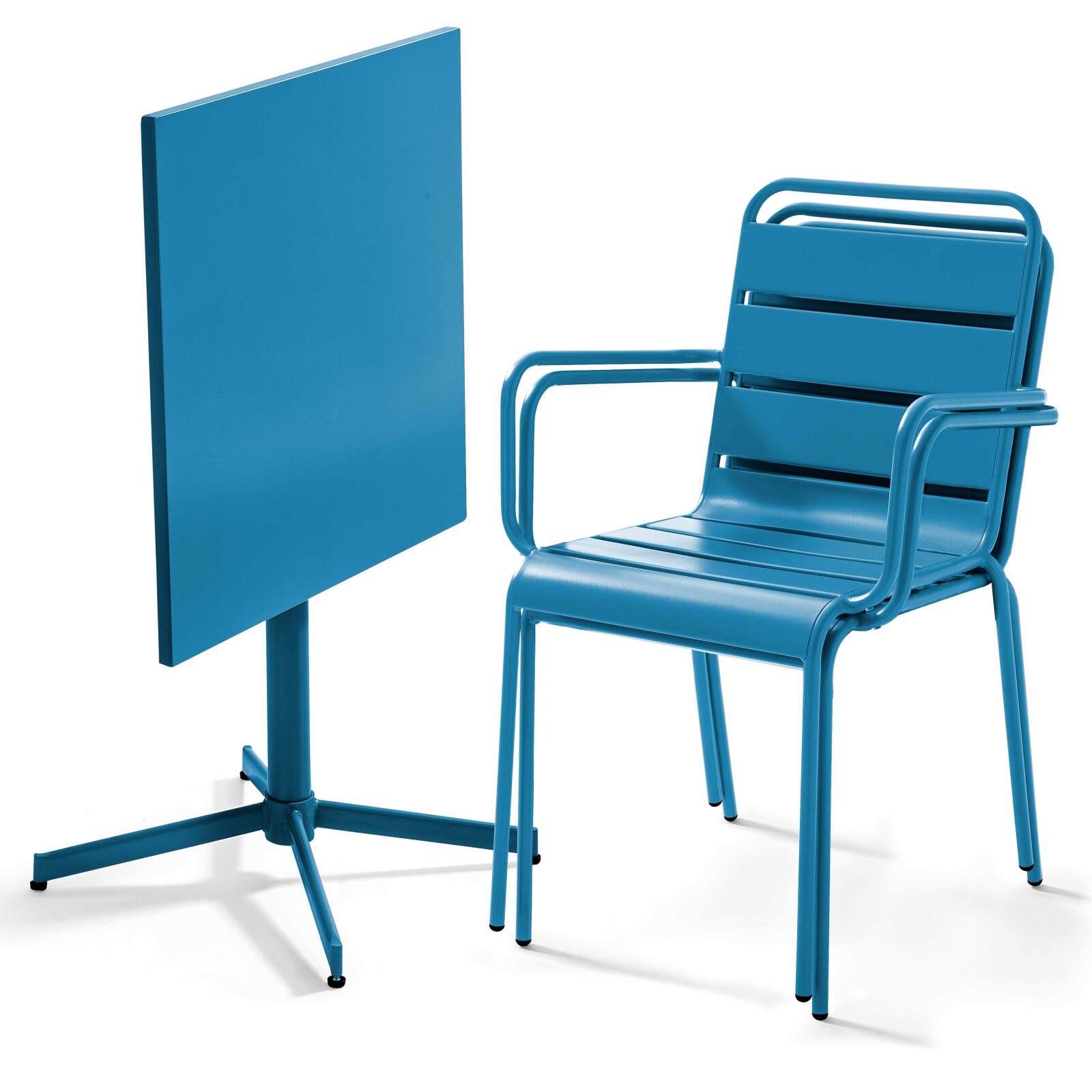 Klappbarer Bistrot-Gartentisch, quadratisch, 70 x 70 cm, aus Metall und 2 Stühle mit Armlehnen 