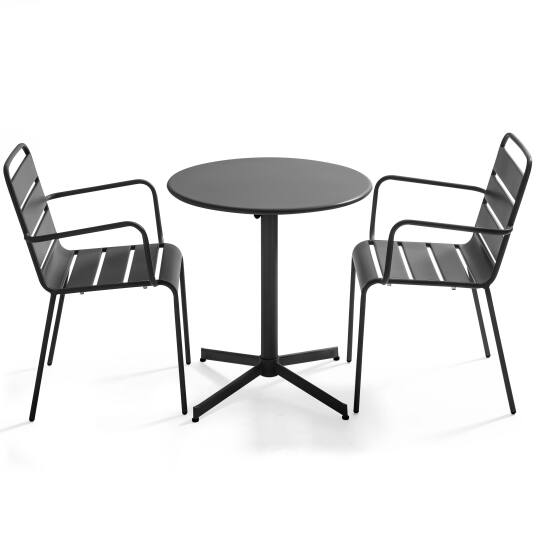 Gartentisch im Bistro-Stil, rund, neigbar, aus Metall, Ø70 cm, und 2 Stühle mit Armlehnen | Oviala