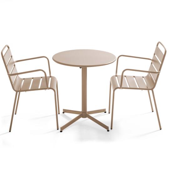 Gartentisch im Bistro-Stil, rund, neigbar, aus Metall, Ø70 cm, und 2 Stühle mit Armlehnen | Oviala