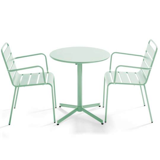 Gartentisch im Bistro-Stil, rund, neigbar, aus Metall, Ø70 cm, und 2 Stühle mit Armlehnen | Oviala