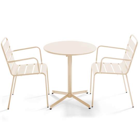 Gartentisch im Bistro-Stil, rund, neigbar, aus Metall, Ø70 cm, und 2 Stühle mit Armlehnen | Oviala