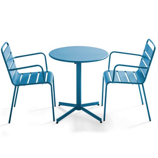 Gartentisch im Bistro-Stil, rund, neigbar, aus Metall, Ø70 cm, und 2 Stühle mit Armlehnen | Oviala
