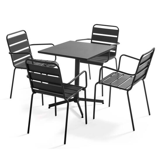 Quadratischer Bistrot-Gartentisch 70 x 70 cm klappbar und 4 Stühle mit Armlehnen aus Metall