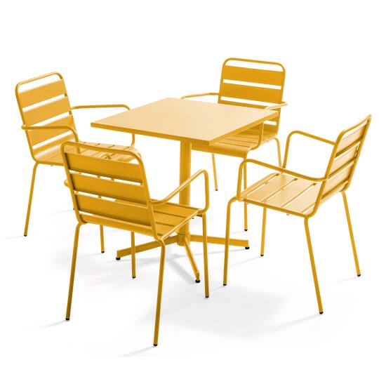 Gartentisch im Bistro-Stil, quadratisch, neigbar, aus Metall, 70x70 cm, und 4 Stühle mit Armlehnen | Oviala
