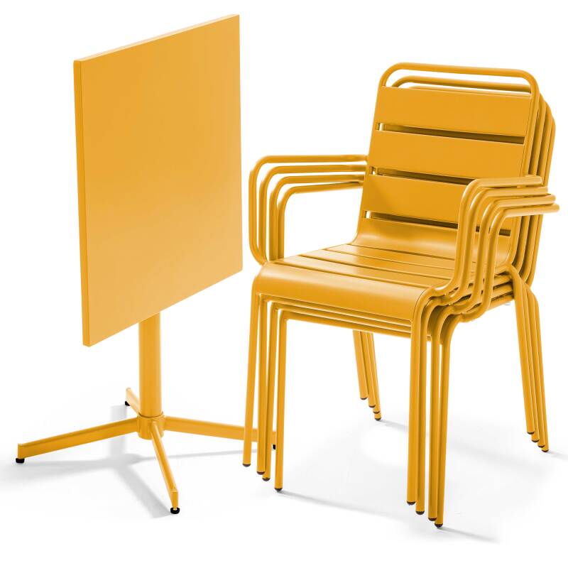 Quadratischer Bistrot-Gartentisch 70 x 70 cm klappbar und 4 Stühle mit Armlehnen aus Metall  (2/6)