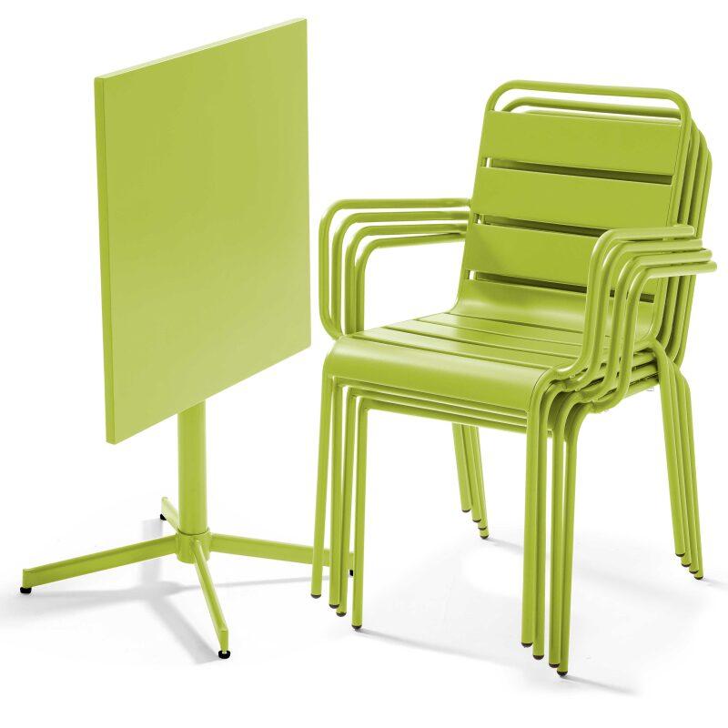 Quadratischer Bistrot-Gartentisch 70 x 70 cm klappbar und 4 Stühle mit Armlehnen aus Metall