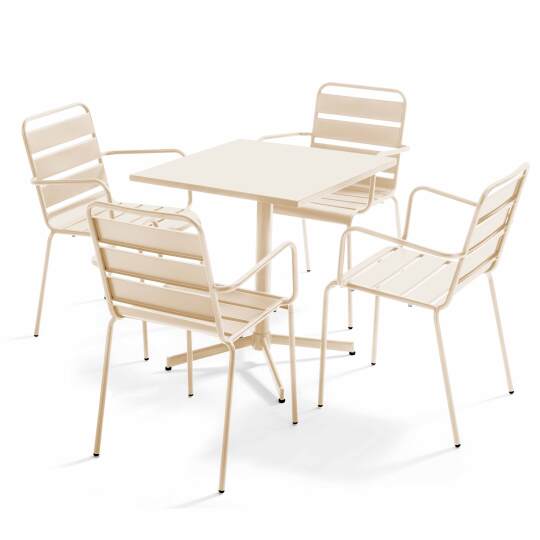 Quadratischer Bistrot-Gartentisch 70 x 70 cm klappbar und 4 Stühle mit Armlehnen aus Metall