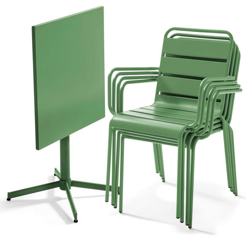 Quadratischer Bistrot-Gartentisch 70 x 70 cm klappbar und 4 Stühle mit Armlehnen aus Metall 