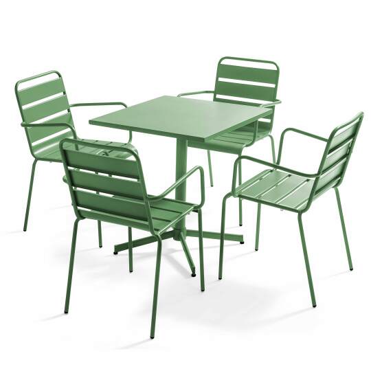 Quadratischer Bistrot-Gartentisch 70 x 70 cm klappbar und 4 Stühle mit Armlehnen aus Metall