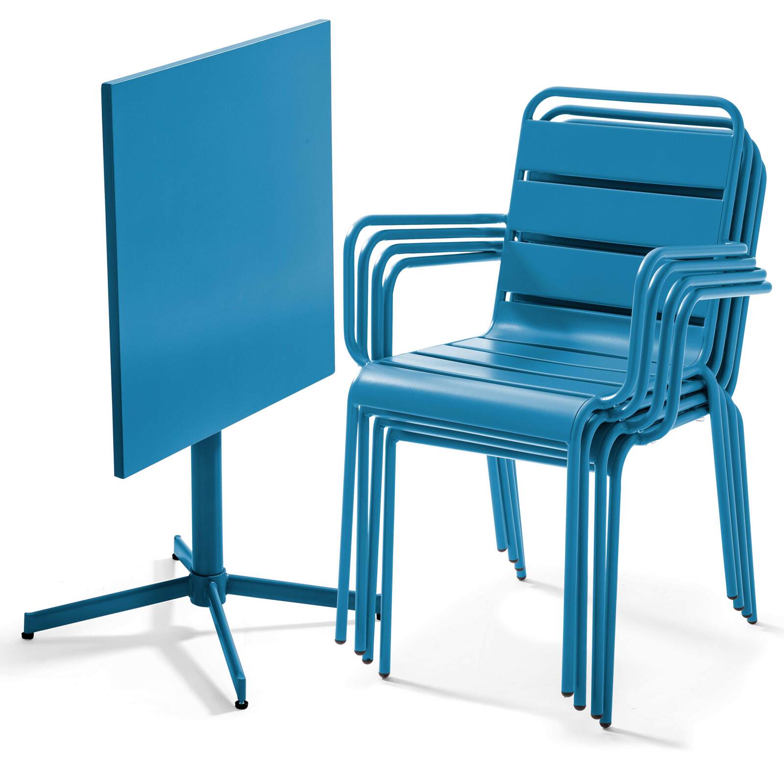 Quadratischer Bistrot-Gartentisch 70 x 70 cm klappbar und 4 Stühle mit Armlehnen aus Metall 