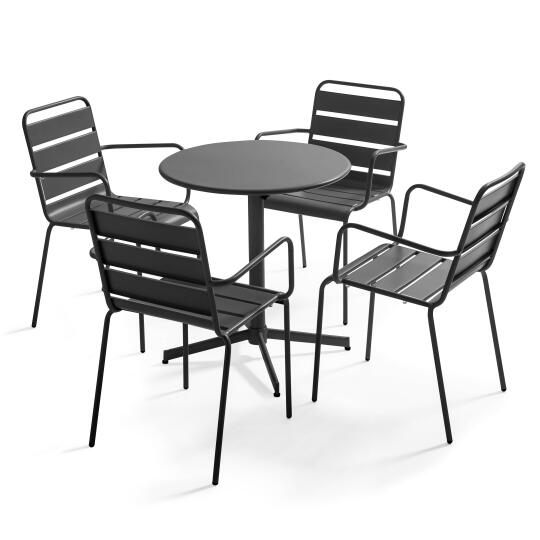 Klappbarer Bistrot-Gartentisch ⌀70 x 72 cm und 4 Stühle mit Armlehnen aus Metall