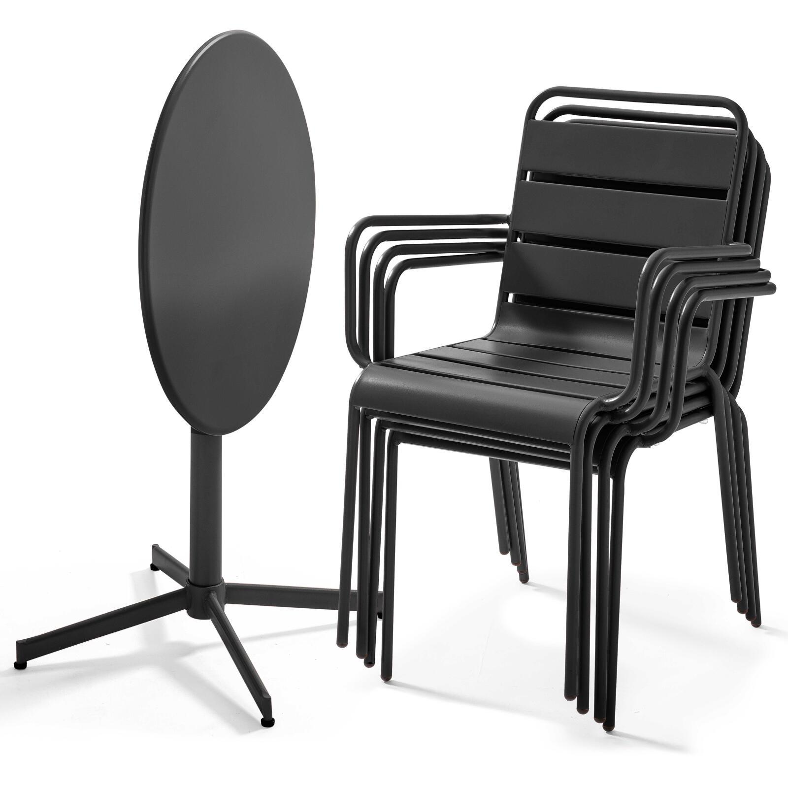 Klappbarer Bistrot-Gartentisch ⌀70 x 72 cm und 4 Stühle mit Armlehnen aus Metall 