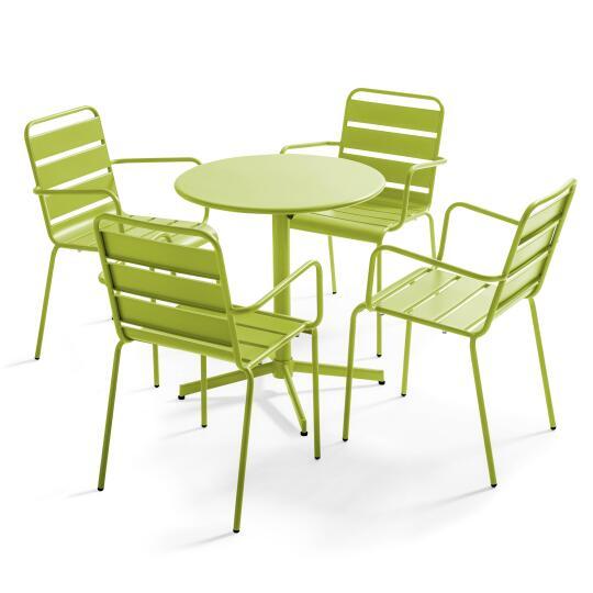 Klappbarer Bistrot-Gartentisch ⌀70 x 72 cm und 4 Stühle mit Armlehnen aus Metall
