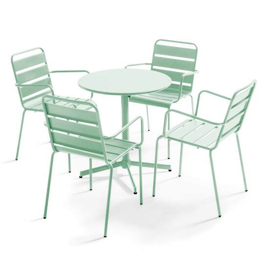 Gartentisch im Bistro-Stil, rund, neigbar, aus Metall, Ø70 cm, und 4 Stühle mit Armlehnen | Oviala