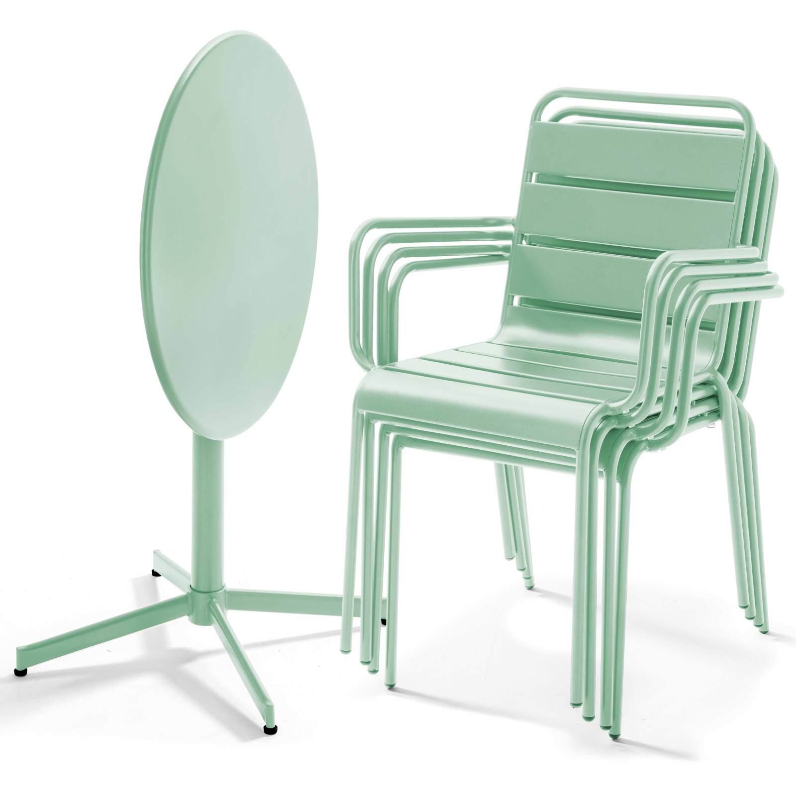 Klappbarer Bistrot-Gartentisch ⌀70 x 72 cm und 4 Stühle mit Armlehnen aus Metall 
