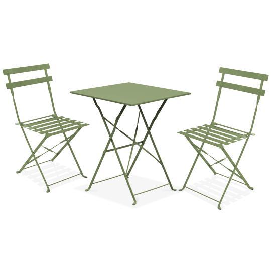 Quadratischer Gartentisch aus Metall mit den Maßen 60 x 60 cm und 2 klappbaren Stühlen