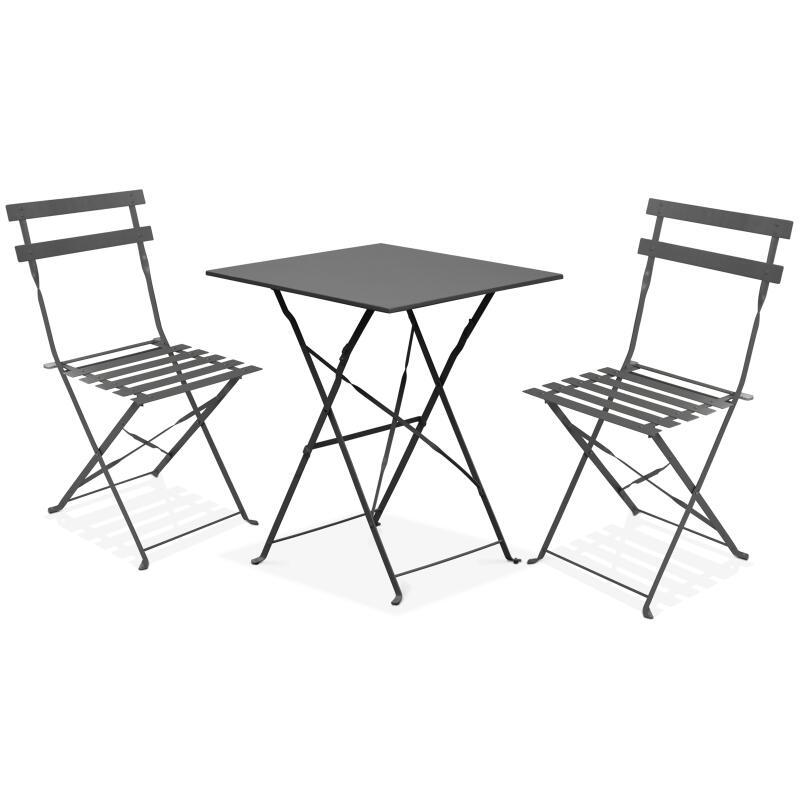 Quadratischer Gartentisch aus Metall mit den Maßen 60 x 60 cm und 2 klappbaren Stühlen 