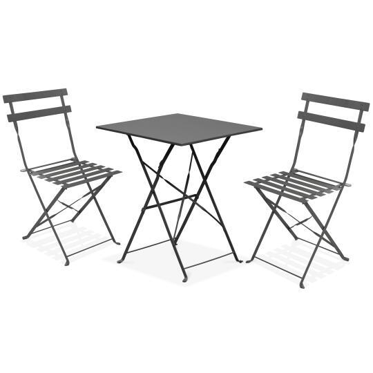 Quadratischer Gartentisch aus Metall mit den Maßen 60 x 60 cm und 2 klappbaren Stühlen