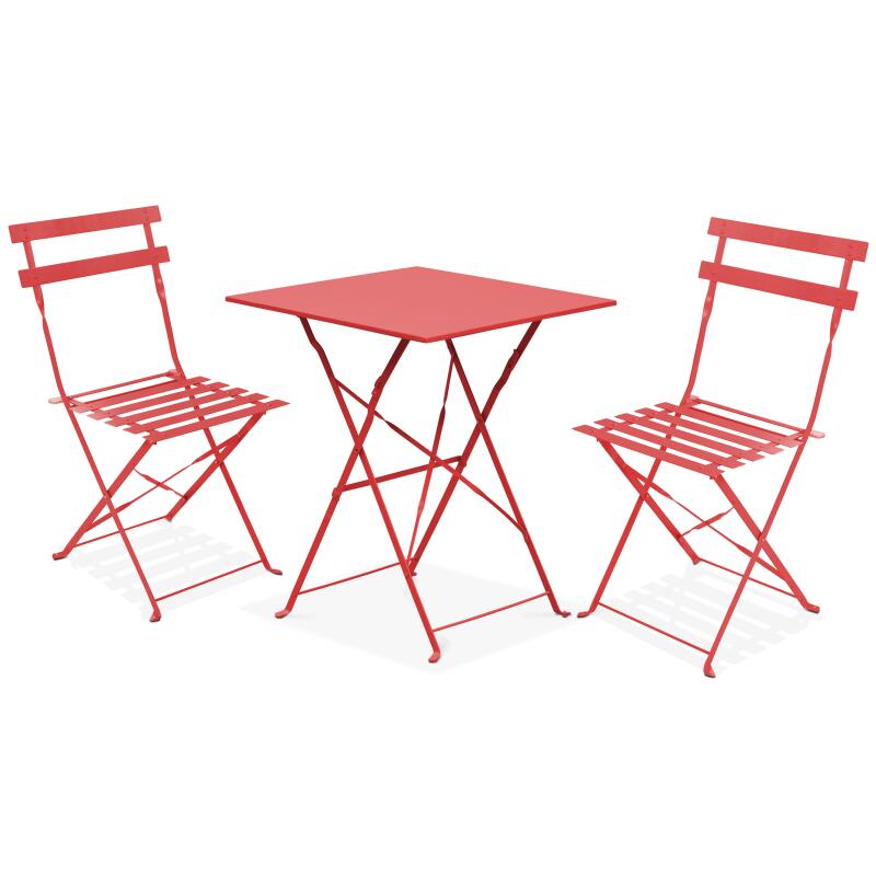Quadratischer Gartentisch aus Metall mit den Maßen 60 x 60 cm und 2 klappbaren Stühlen 