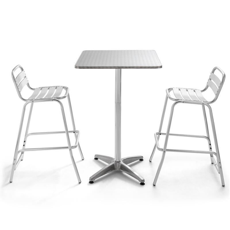 Gartentisch und 2 hohe Stühle aus Aluminium zum Stehen und Essen