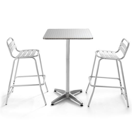 Gartentisch und 2 hohe Stühle aus Aluminium zum Stehen und Essen