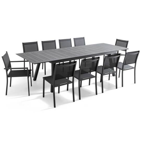 Ausziehbarer Gartentisch aus Aluminium, 216/298x100 cm, und 10 Stühle aus Textilene | Oviala