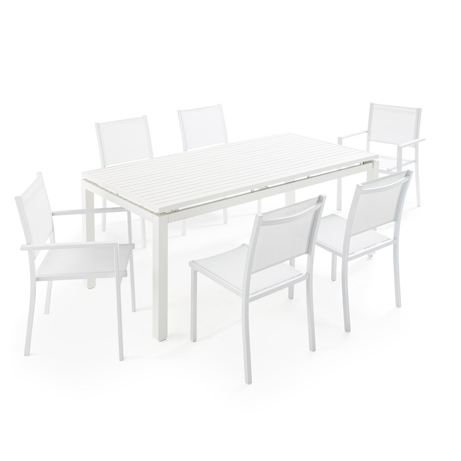 Rechteckiger, ausziehbarer Aluminium-Gartentisch mit 6 Stühlen und 2 Stühlen mit Armlehnen 