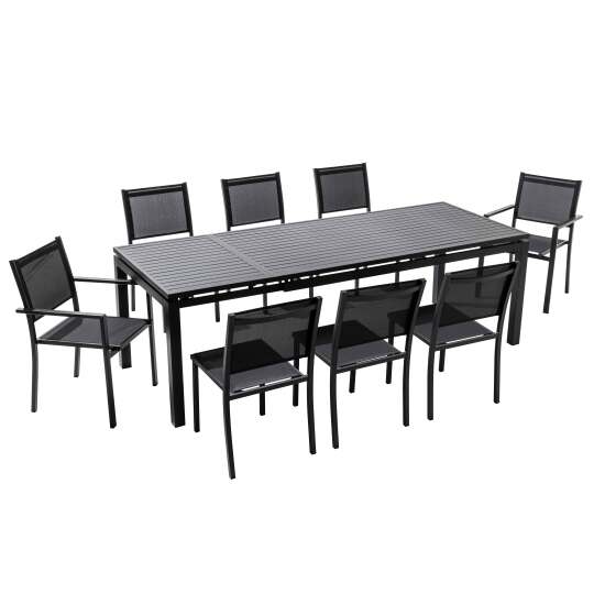 Rechteckiger, ausziehbarer Aluminium-Gartentisch mit 6 Stühlen und 2 Stühlen mit Armlehnen